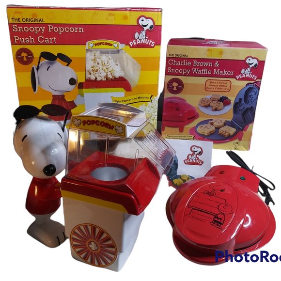 Kitchen Vtg Peanuts Snoopy Popcorn Push Cart Air Popper Charlie Brown Waffle Maker Nos Poshmark